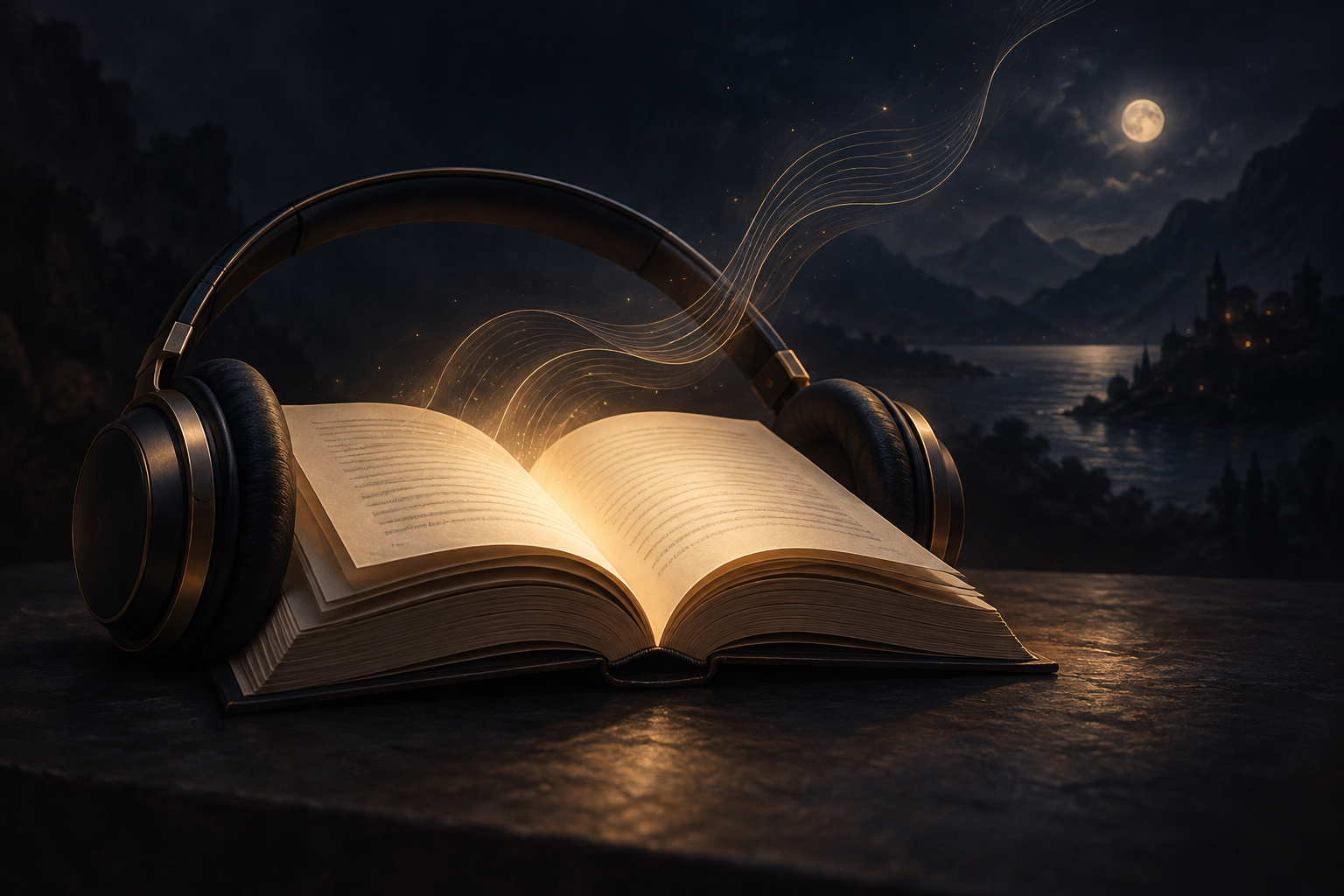 An open book surrounded by headphones, with golden sound waves drifting into a moonlit landscape.